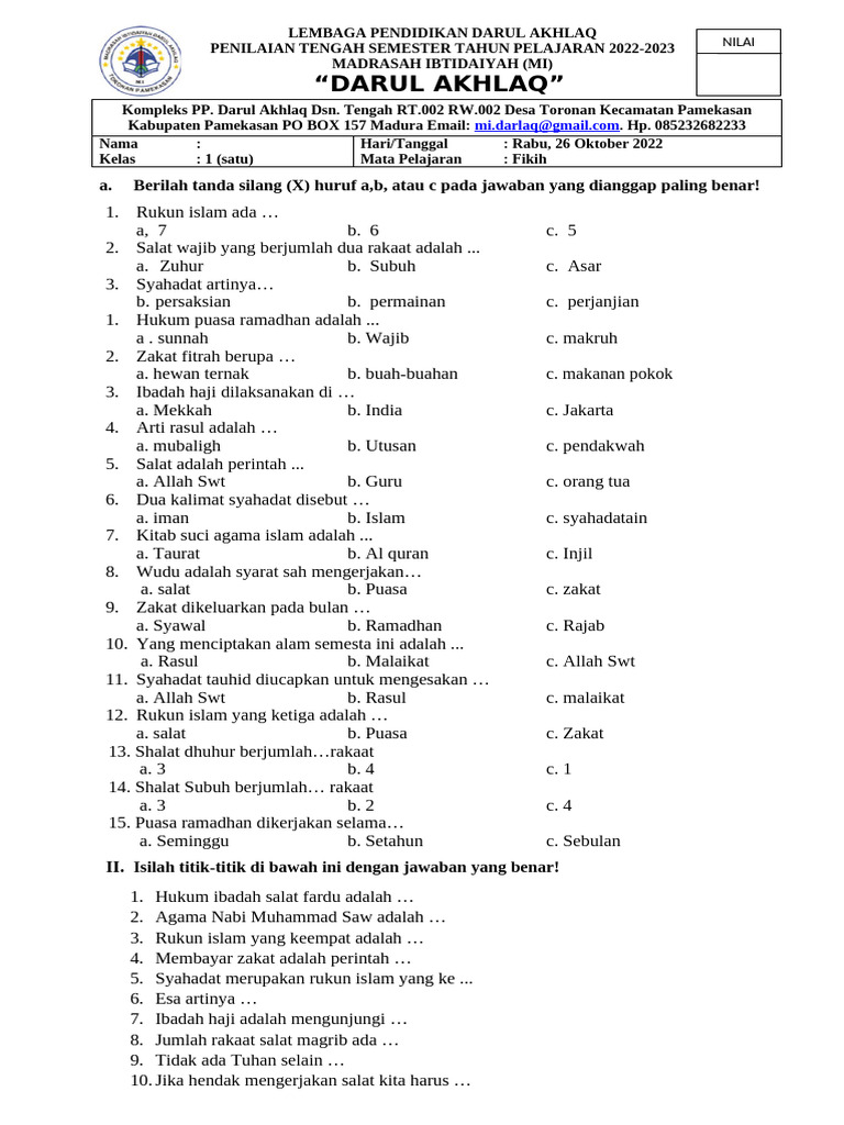 Soal Fikih Kelas 1 PDF Soal Fikih Kelas 1 PDF