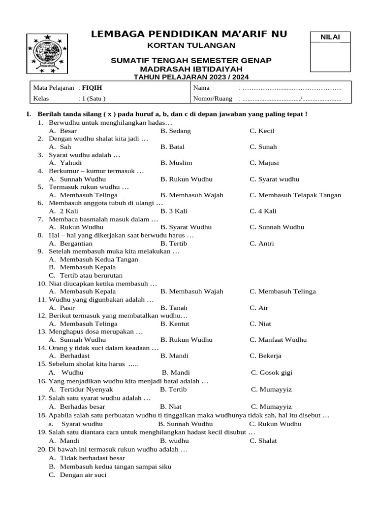 5 Rahasia Belajar Soal Fiqih Kelas 1 Semester 2 Wudhu Agar Anak Cepat Hafal dan Paham