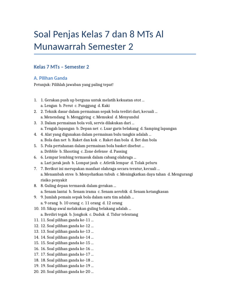 Soal Penjas Kelas 7 8 Semester 2 PDF