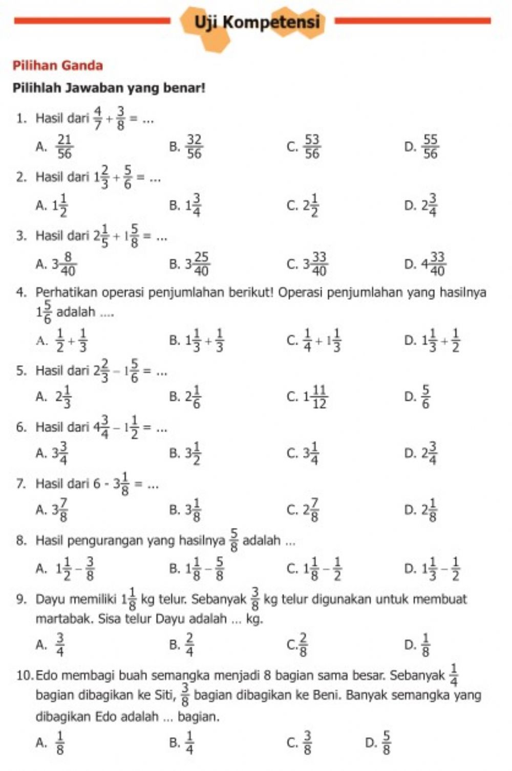 Penjumlahan dan Pengurangan Pecahan interactive worksheet Matematik