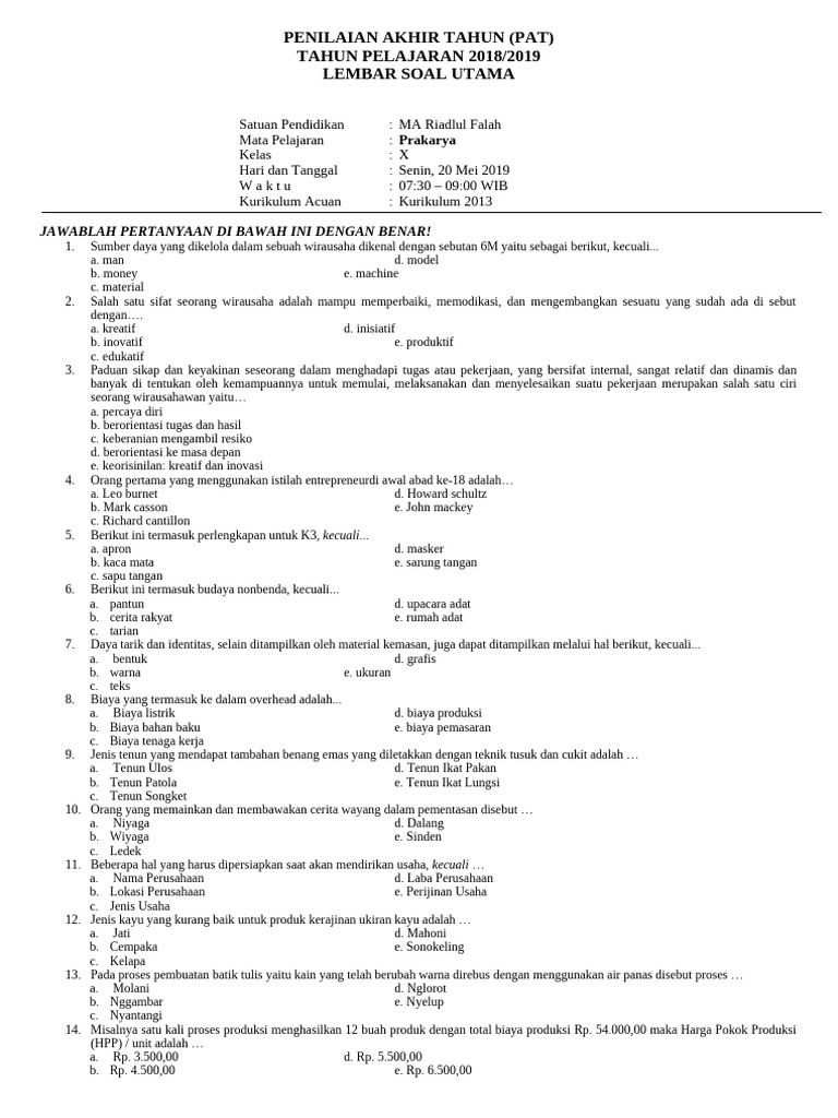 Soal Prakarya Kelas 10 Semester 1 PDF