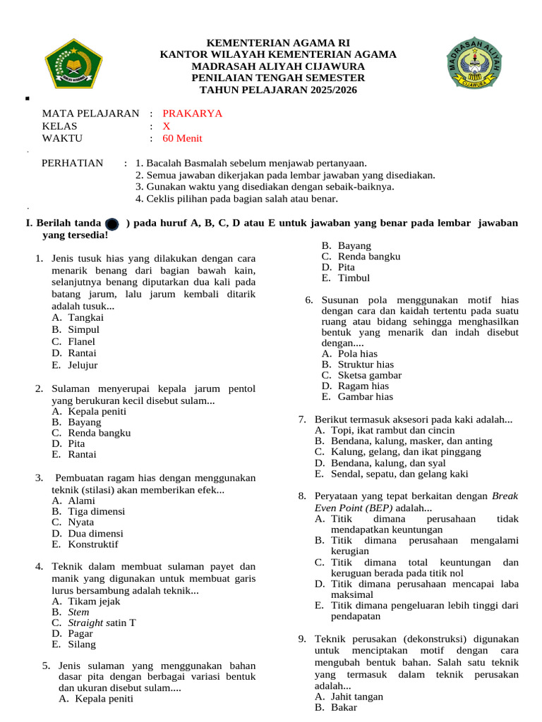 Bocoran 5 Soal Essay Prakarya Kelas 10 Semester 2 dan Jawabannya yang Sering Keluar Ujian
