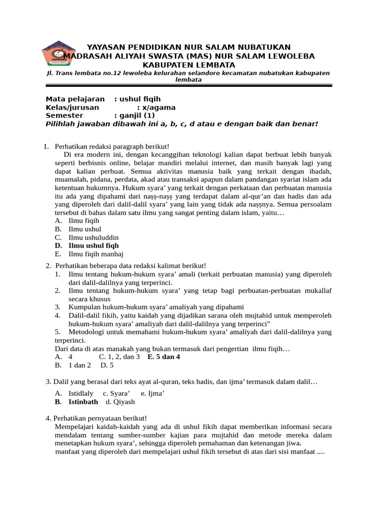 Soal Ushul Fiqih Kelas X Agama PDF