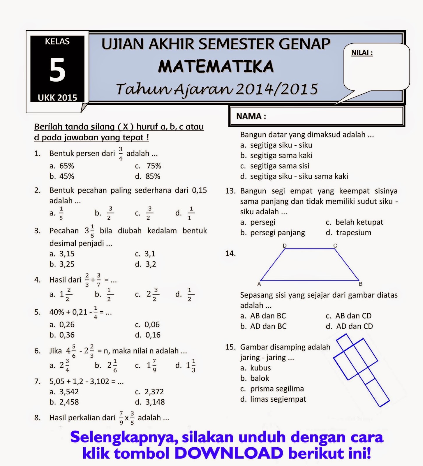 latihan soal pts kelas 9 semester 1