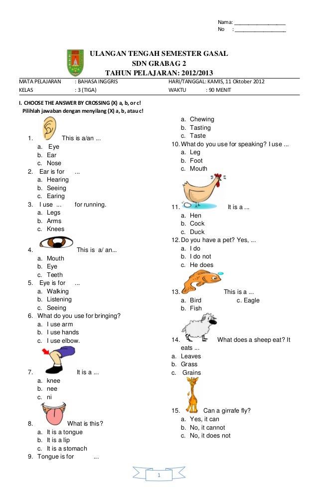 soal bahasa inggris kelas 1 sd semester 1 kurikulum 2013