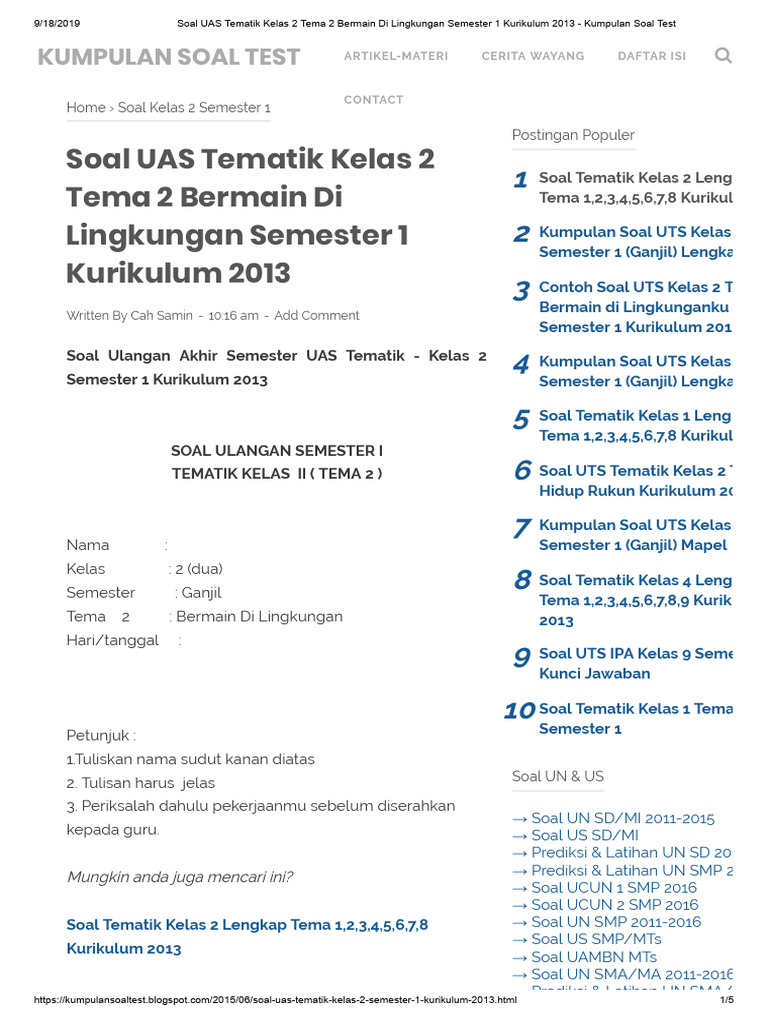 soal uas tematik kelas 6 semester 1 kurikulum 2013