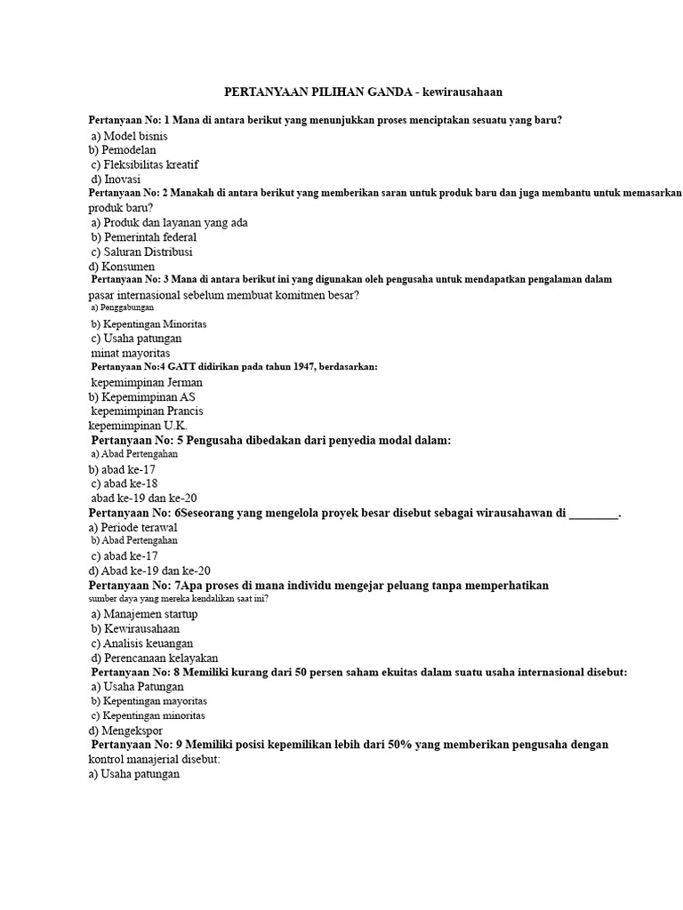 Pertanyaan Kewirausahaan Pilihan Ganda PDF