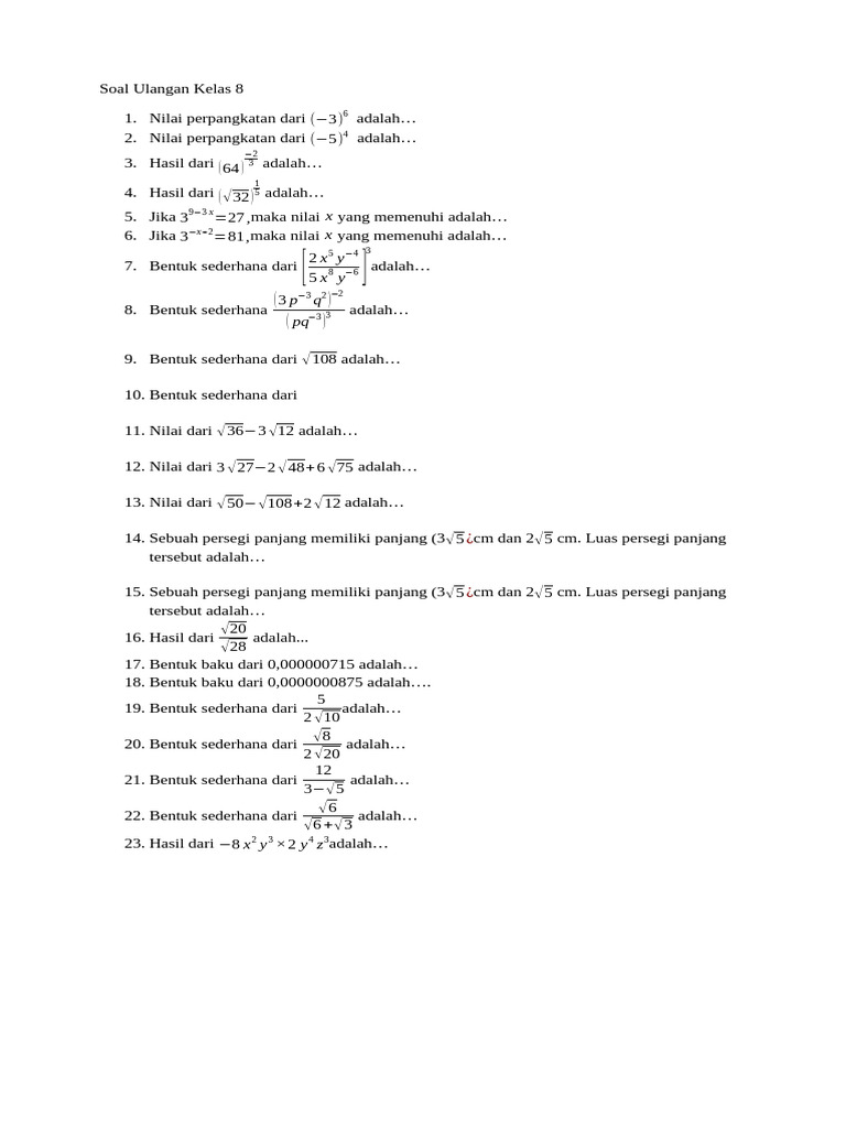 Soal Ulangan Matematika Kelas 8 PDF