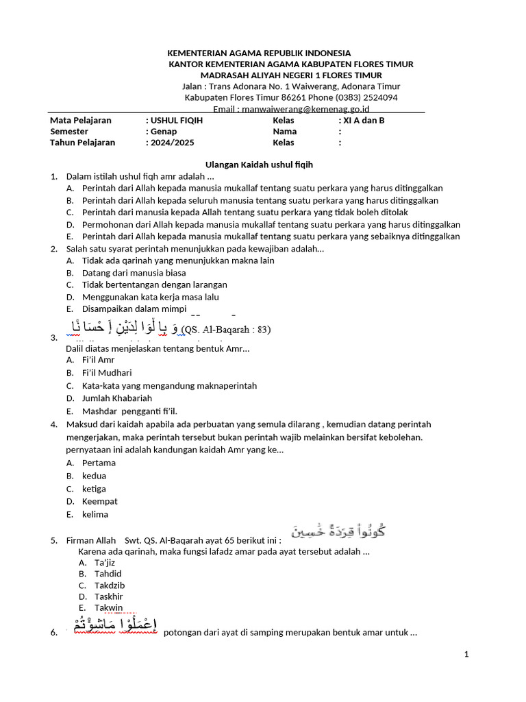 Bocoran Soal Ushul Fiqih Kelas 11 Semester 2 2026 Mirip Ujian Fiqih Muamalah