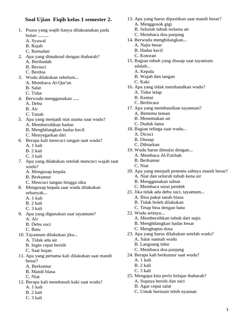Soal Ujian Fiqih Kelas 1 Semester 2 PDF