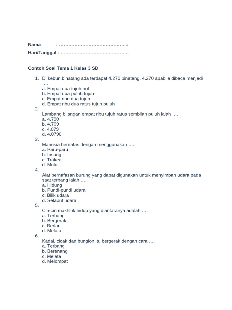 Contoh Soal Tema 1 Kelas 3 SD PDF