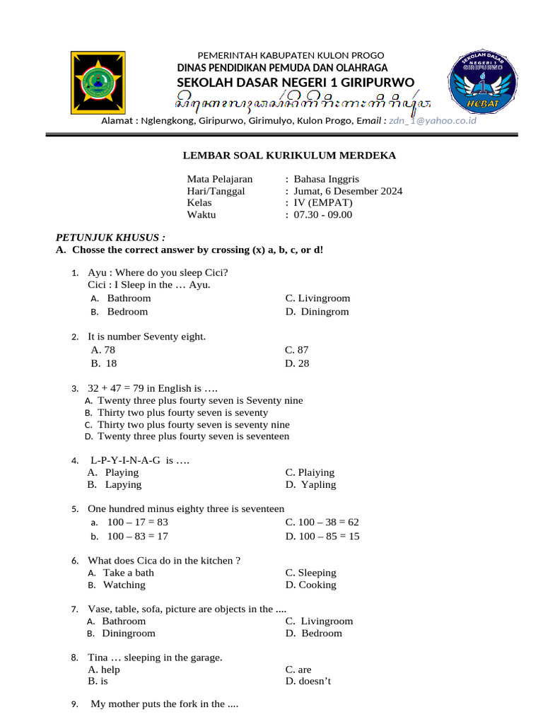 Soal Ujian Bahasa Inggris Kelas 4 PDF Soal Ujian Bahasa Inggris Kelas 4 PDF