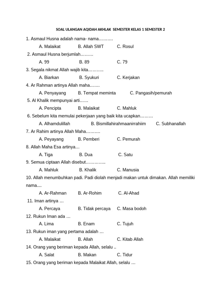 7 Contoh Soal Aqidah Kelas 1 Semester 2 yang Jarang Diketahui dan Wajib Dipelajari