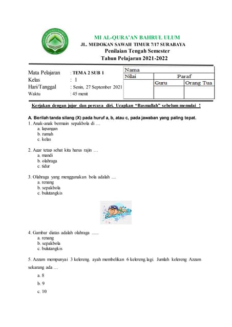 7 Contoh Soal B PTS Kelas 1 Kurtilas Semester 2 yang Sering Muncul, Wajib Tahu Sebelum Terlambat