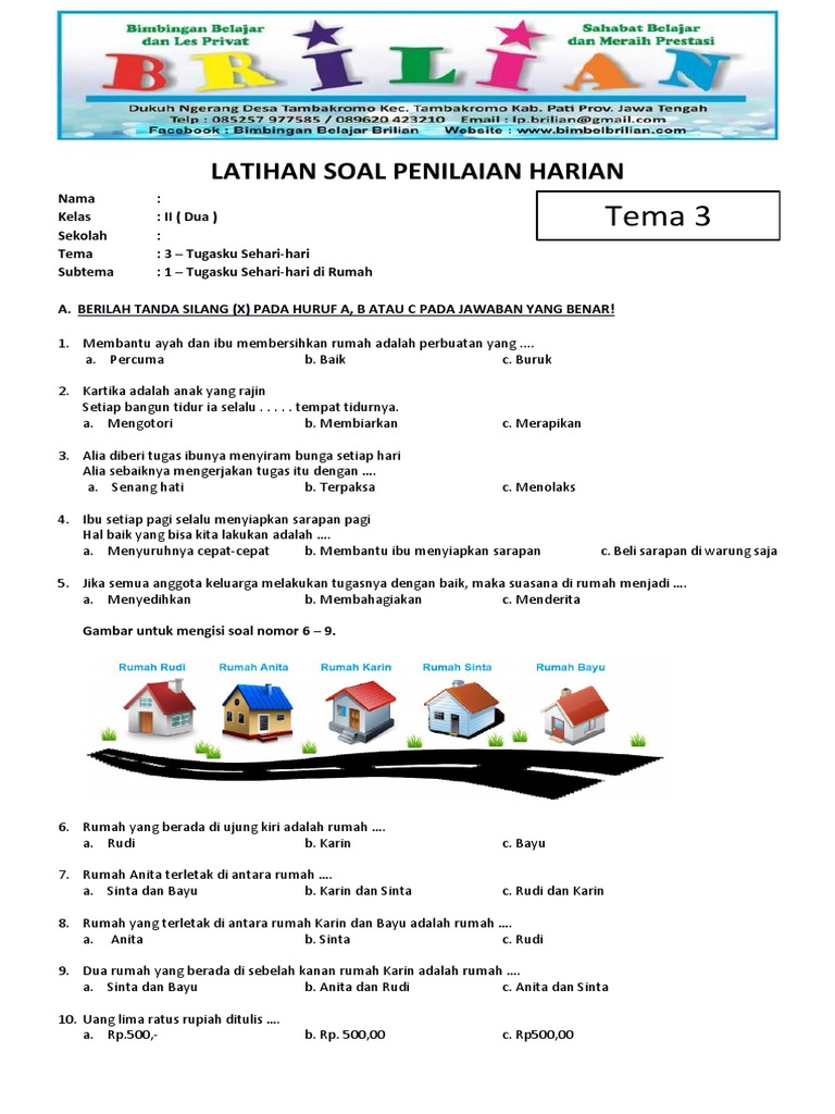 Soal Tematik Kelas 2 SD Tema 3 Subtema 1 Tugasku Sehari-Hari Di Rumah Soal Tematik Kelas 2 SD Tema 3 Subtema 1 Tugasku Sehari-Hari Di Rumah