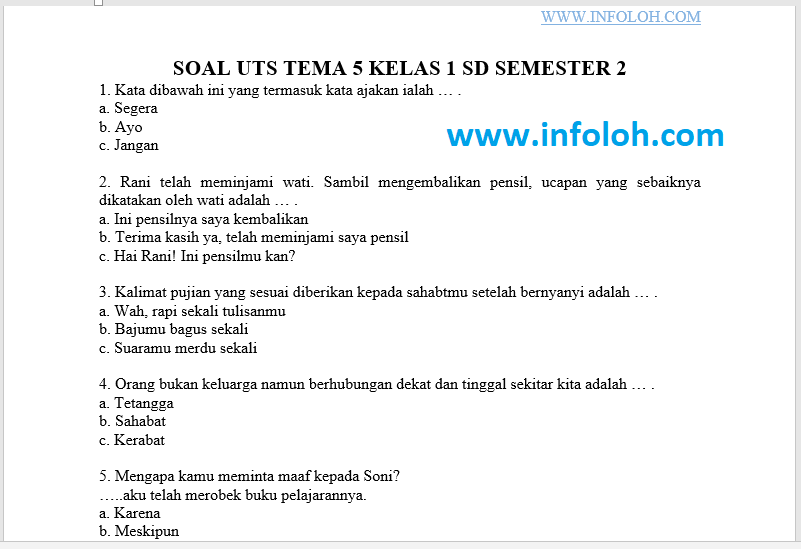 Soal UTS Kelas 1 SD Tema 5 Semester 2 Kurikulum 2013 - Loker Soal Soal UTS Kelas 1 SD Tema 5 Semester 2 Kurikulum 2013 - Loker Soal