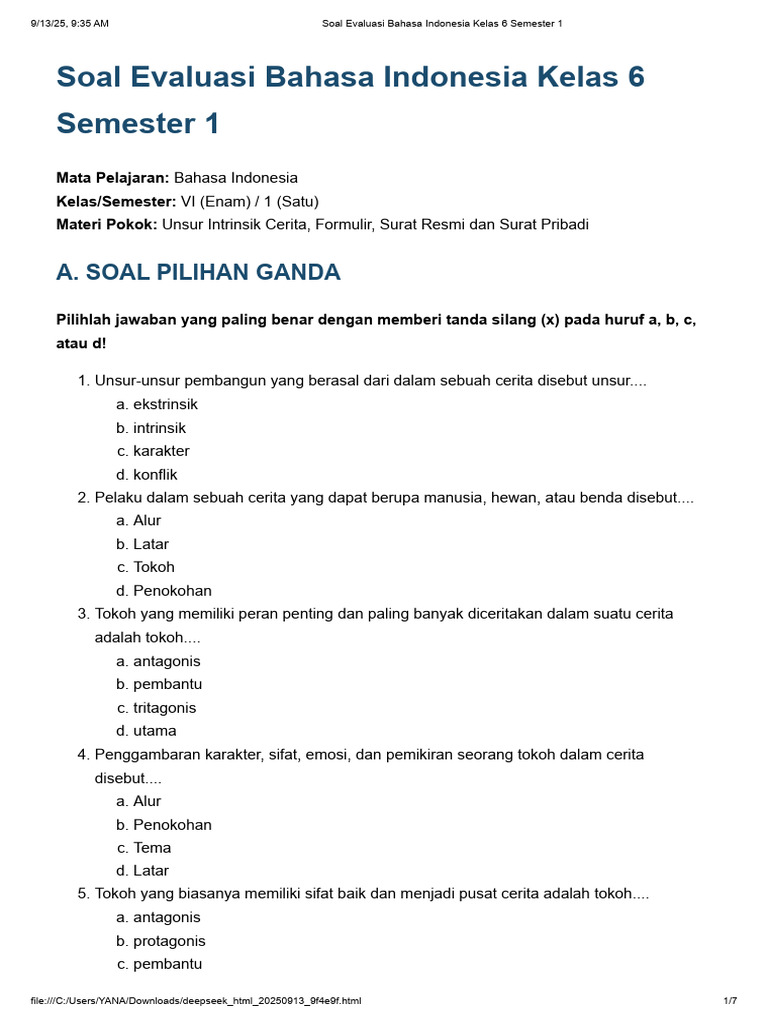 Akhirnya Tersedia 50 Contoh Soal B.Indonesia Kelas 6 Semester 1 Beserta Kunci Jawaban untuk Latihan Ujian