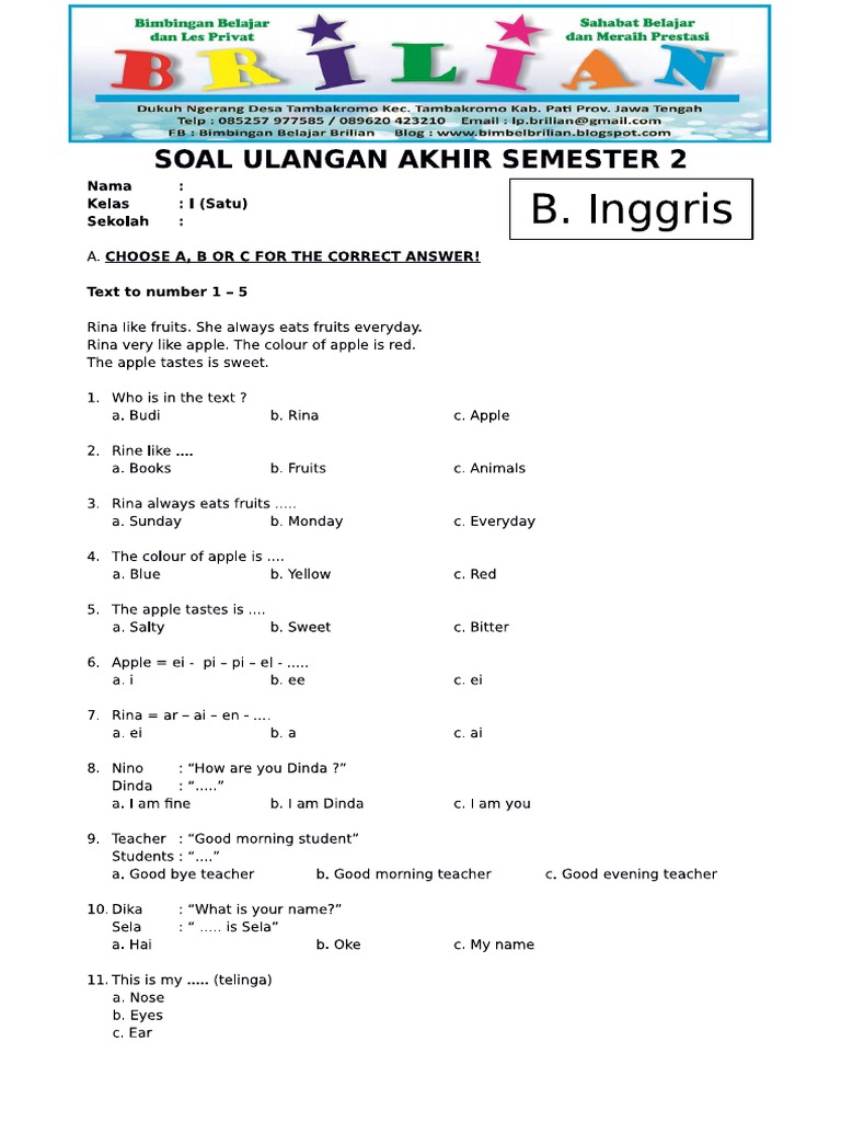 Ternyata Ini 5 Contoh Soal B Inggris Kelas 1 SD Semester 2 yang Paling Sering Muncul, Wajib Cek Sebelum Ujian!