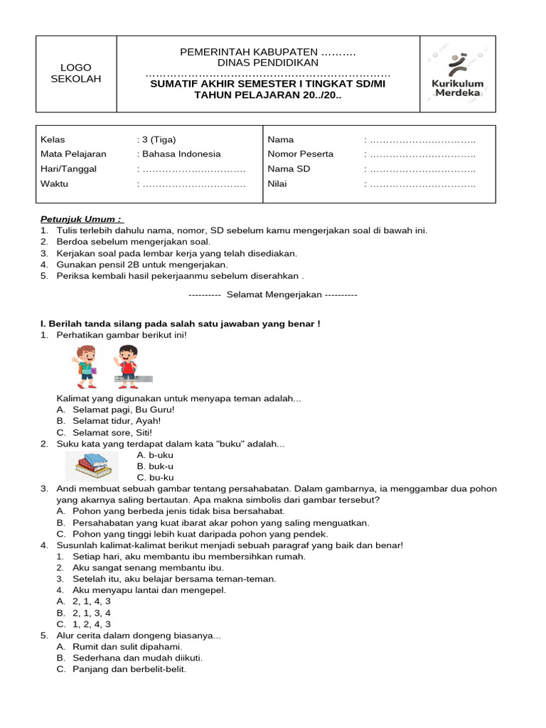 Download Soal Ujian Bahasa Indonesia Kelas 3 SD Semester 1 Sekarang Sebelum Waktu Habis