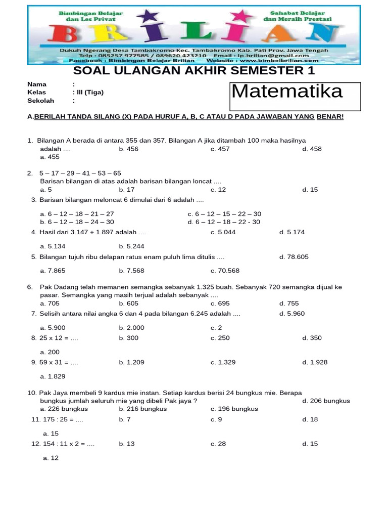 Rahasia Nilai Sempurna Ternyata Bisa Download Soal UAS Semester 1 Kelas 3 SD 2016-2017